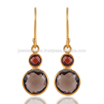 Beautiful Smoky Quartz & Garnet with Gold Plated Silver Earring